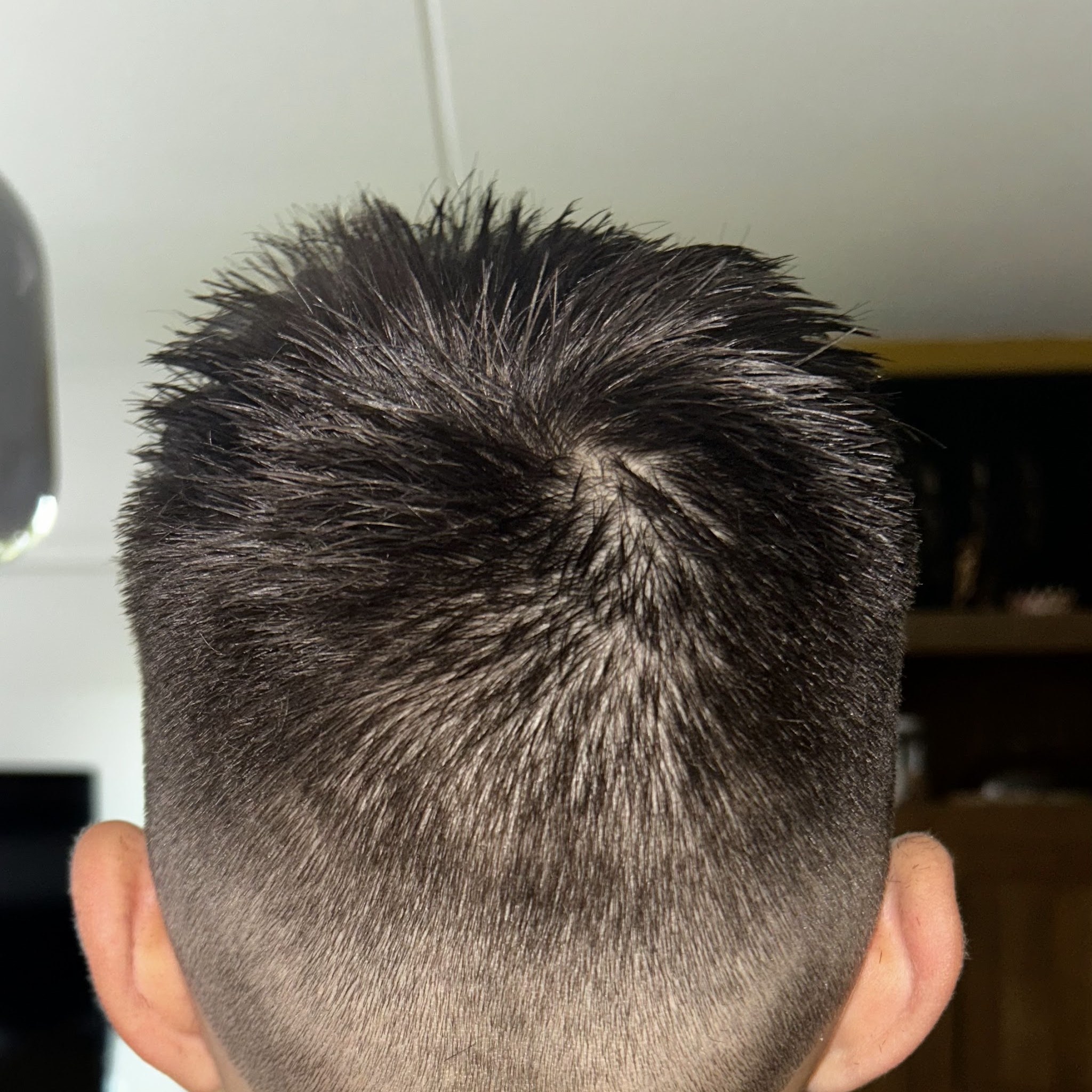 Achterkant van een kort herenkapsel met een fade in de nek, foto van een klant